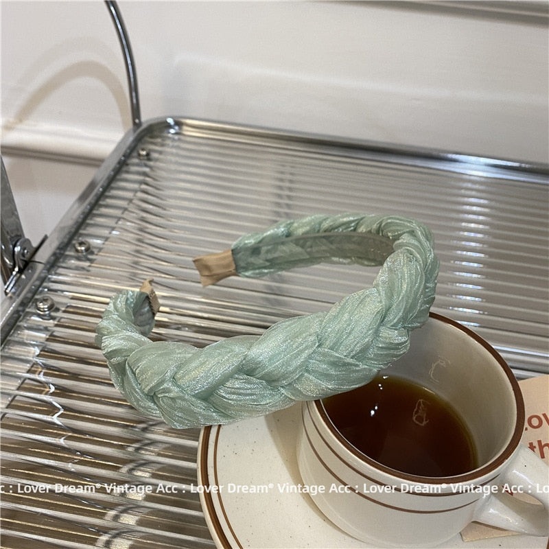 sengpan New Korean Autumn Winter Green Sponge Hairband Retro Soft Elasticity Folds Wide Headband for Women Girls Jewelry