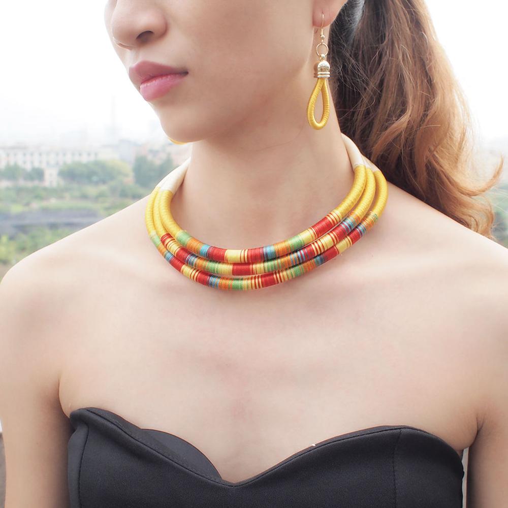 sengpan  gifts for women  Indian Multilayer Choker Necklaces Set Women Bib Collar Statement Necklace Earrings Rope Magnetism Button Boho Jewelry