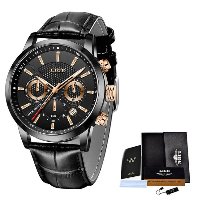 sengpan New Mens Watches LIGE Top Brand Leather Chronograph Waterproof Sport Automatic Date Quartz Watch For Men Relogio Masculino