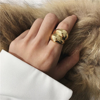 Lianfudai  NEW Exaggeration Punk Water Droplets Distortion Irregular Wide Version Gold Color Ring For Women Party Jewelry