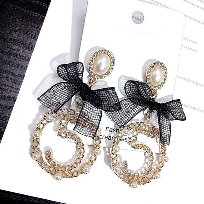 sengpan Korea Dongdaemun Fashion Ribbon Bow Pearl Number 5 Big Circle Drop Earrings Long Pendients jewelry For Woman