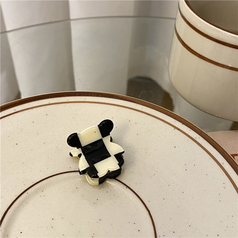 sengpan New Korean Sweet Cute Fashion Geometric Black White Checkerboard Mini Small Bear Resin Handmade Hairpin for Women