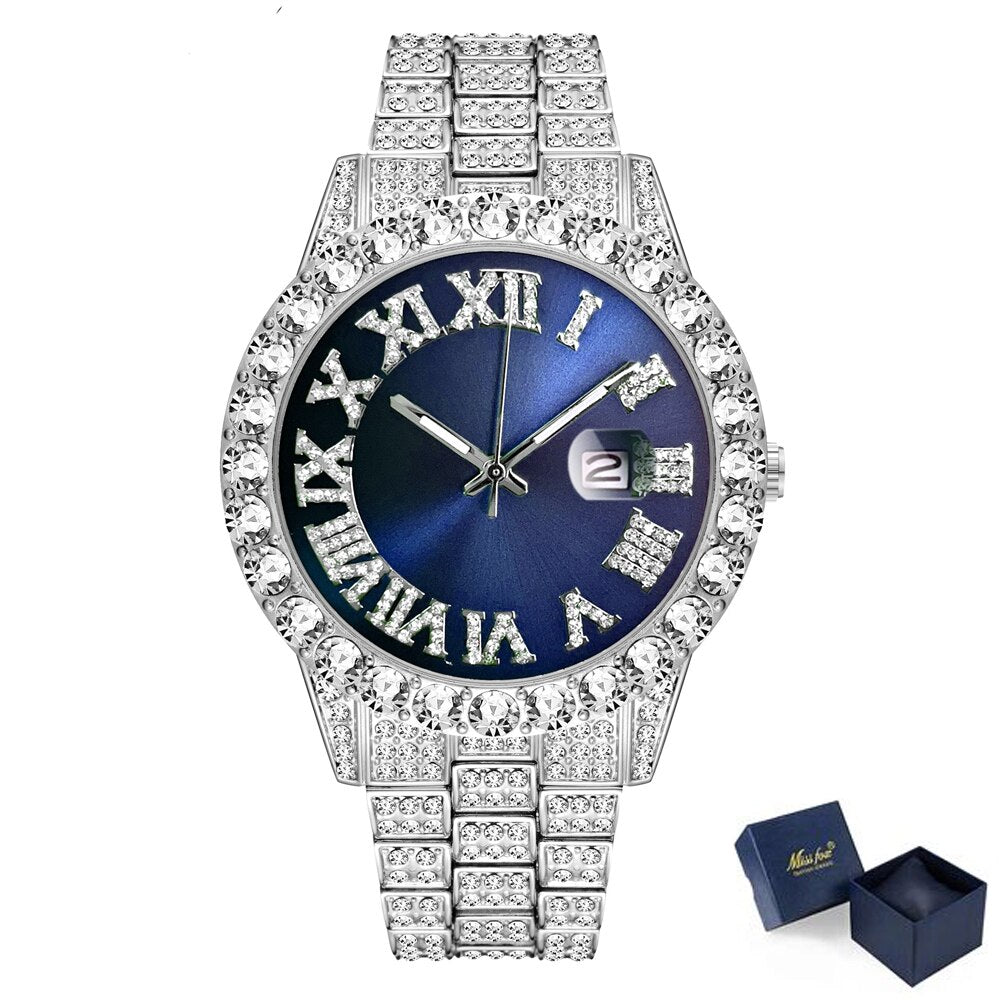 sengpan Disaster Prevention Jewelry Iced Out Watch Men Hip Hop Luxury Fully Bling Diamond Quartz Mens Watches Blue Face Waterproof AAA CZ Relojes