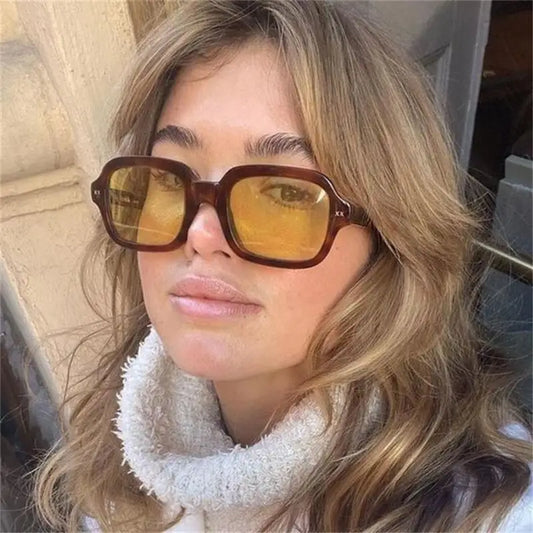 sengpan Vintage Oversized Yellow Lens Square Sunglasses For Women Luxury Brand Tinted Sun Glasses Female Retro Shades Summer Points