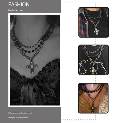 sengpan pearl necklace designs beaded necklace diy layered necklaces Fashion Bohemian Tribal Jewelry 3 Layer Multiple Black Glass Crystal Rosary Link & Chain Cross Pendant Necklaces