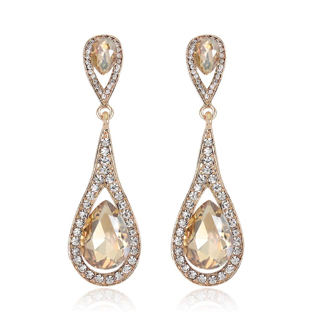 sengpan Champagne Crystal Earrings Gold Color Jewelry Fashion Female Bricons Wedding Long Big Drop Earrings For Women