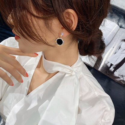 sengpan Round rhinestone earrings new black fashion Korean personality temperament wild simple earrings ladies jewelry