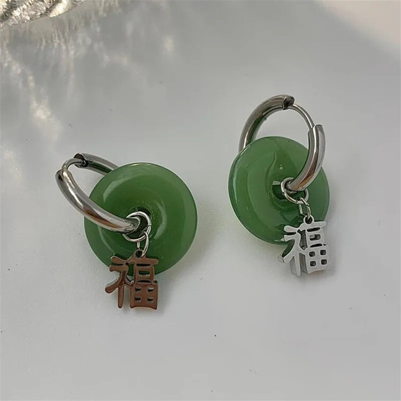 sengpan New Unique Green Jade Round Stainless Steel Hoop Earrings For Women Vintage Elegant Earclip Earrings Statement Jewelry