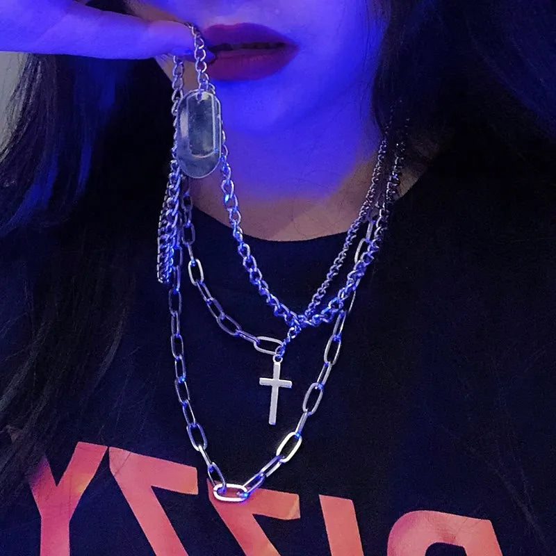 Lianfudai 2024 Fashion Unisex Multilayer Hip Hop Long Chain Necklace For Women Men Jewelry Gifts Key Cross Pendant Necklace Accessories