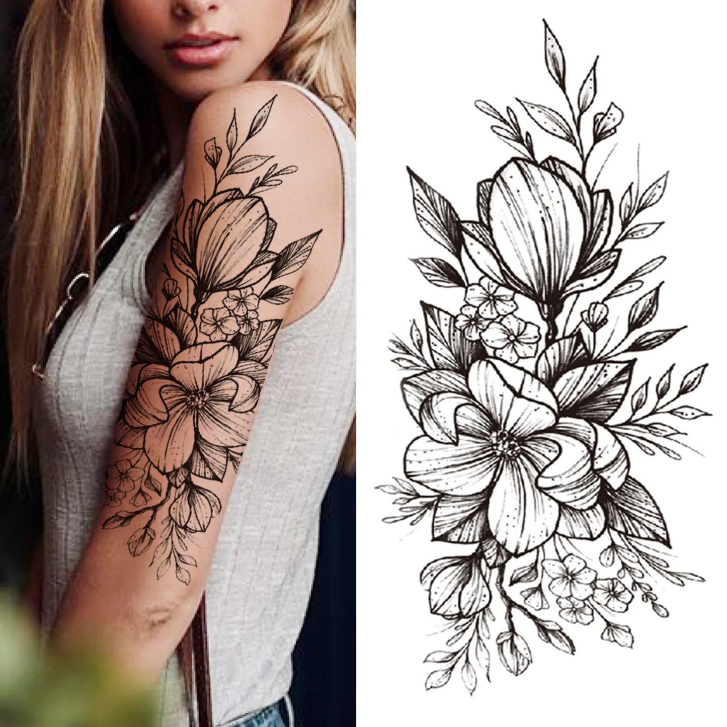 sengpan Death Skull Flower Temporary Tattoo For Women Girls Snake Bird Peony Tattoo Sticker Black Fake Blossom Sexy Tatoo Transfer Adult