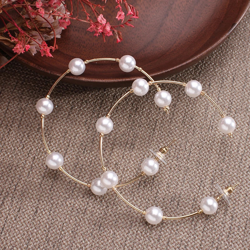 sengpan New white boho imitation pearl round circle hoop earrings female gold color big earrings korean jewelry statement earrings