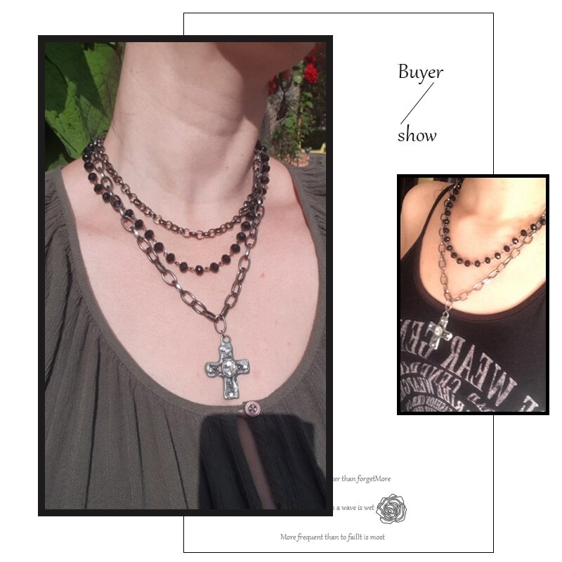 sengpan pearl necklace designs beaded necklace diy layered necklaces Fashion Bohemian Tribal Jewelry 3 Layer Multiple Black Glass Crystal Rosary Link & Chain Cross Pendant Necklaces