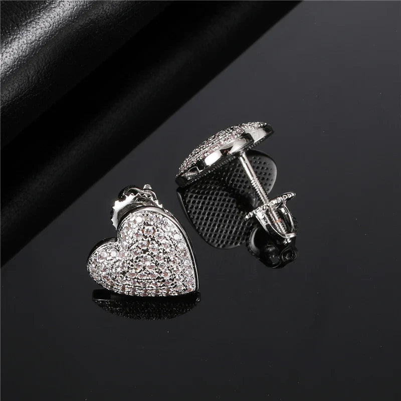 sengpan Hip Micro 1Pair Heart Shape Pave Baguette Cubic Zircon Stone Ice out Stud CZ Earring Bling Copper Earrings For Women Men Jewelry