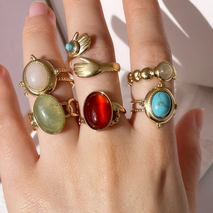 Lianfudai 2024 New Bohemian Women's Ring Colorful Natural Stones Stainless Steel Tarnish Free Jewelry for Woman Wedding Ring Gifts