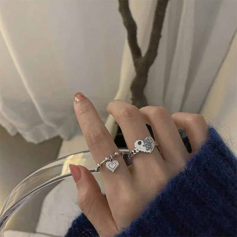 Lianfudai 925 Sterling Silver New Simple Design Rings Heart Tassel Shape Retro Distressed Opening Handmade Ring Fashion Fine Jewelry