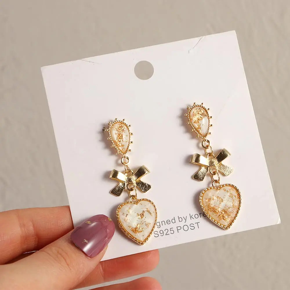 sengpan Bowknot Heart Resin Earrings Korean Classic Style Golden Peach Heart Stud Earrings For Woman Jewelry Valentine's Day present