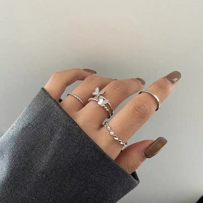 sengpan easter gifts for women  4PCS/SET Simple Romantic Silver Color Zircon Butterfly Ring Irregular Geometric Hollow Spiral Double Ring for Women Jewelry