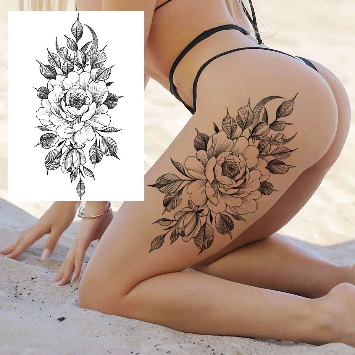 sengpan Sexy Flower Temporary Tattoos For Women Body Art Painting Arm Legs Tattoos Sticker Realistic Fake Black Rose Waterproof Tattoos