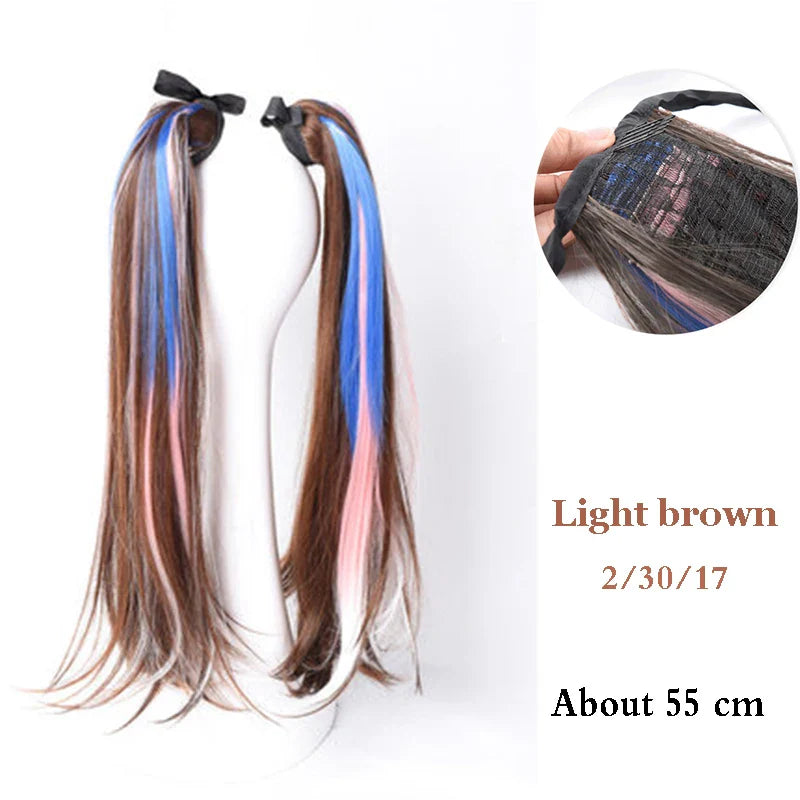 sengpan Synthetic Double Ponytail Highlighting Wig Female Bandage Wavy Hair COS Color Straight Ponytail Extension Natural Wig