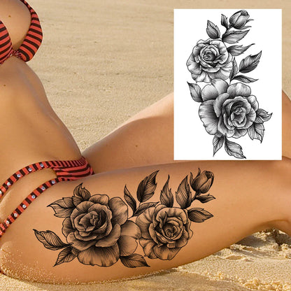 sengpan Sexy Flower Temporary Tattoos For Women Body Art Painting Arm Legs Tattoos Sticker Realistic Fake Black Rose Waterproof Tattoos