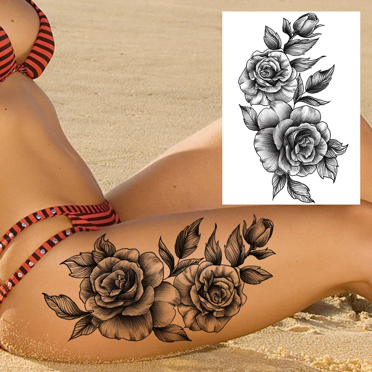 sengpan Sexy Flower Temporary Tattoos For Women Body Art Painting Arm Legs Tattoos Sticker Realistic Fake Black Rose Waterproof Tattoos