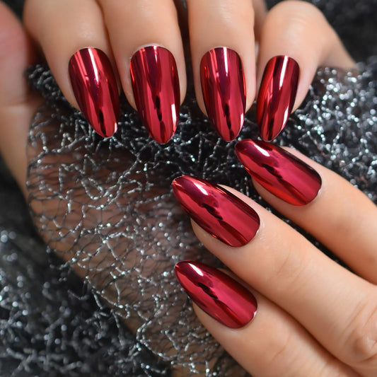 sengpan Mirror Red Color Metallic Press on Nail Stiletto  Metal Punk Oval Sharp end Full False Fake Nail Tips Salon Bride Wear Nails Art