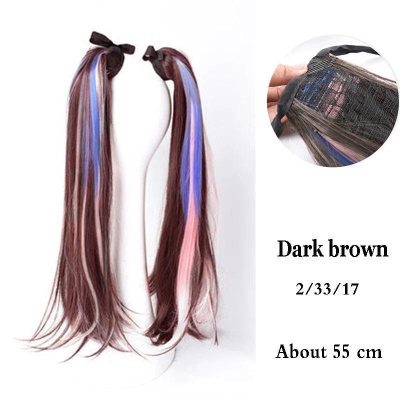 sengpan Synthetic Double Ponytail Highlighting Wig Female Bandage Wavy Hair COS Color Straight Ponytail Extension Natural Wig