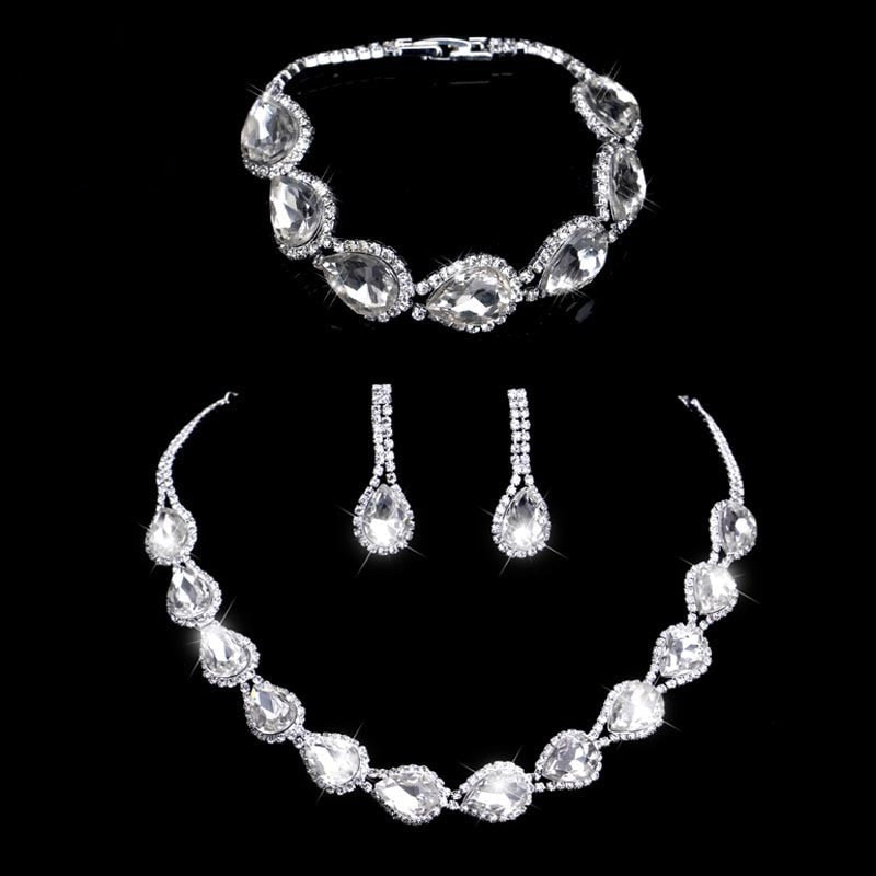 sengpan Silver Color Rhinestone Crystal Bridal Jewelry Sets for Women Necklace Earrings Bracelet Set Wedding Jewelry Accessories