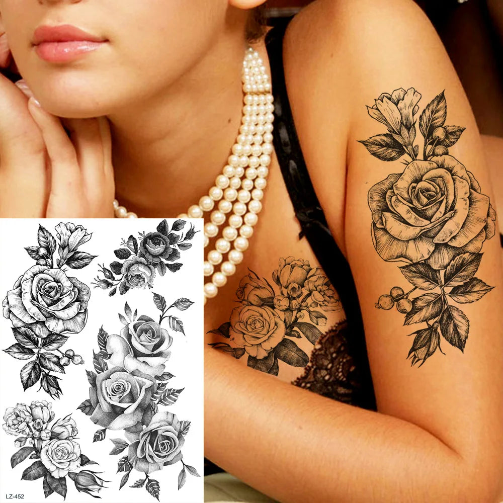 sengpan Sexy Flower Temporary Tattoos For Women Body Art Painting Arm Legs Tattoos Sticker Realistic Fake Black Rose Waterproof Tattoos