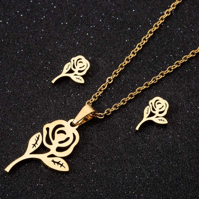 sengpan  gifts for women New Animal Flower Butterfly Stainless Steel Pendant Necklace Sets For Women Gold Color Chain Necklace Earrings Jewelry Gifts