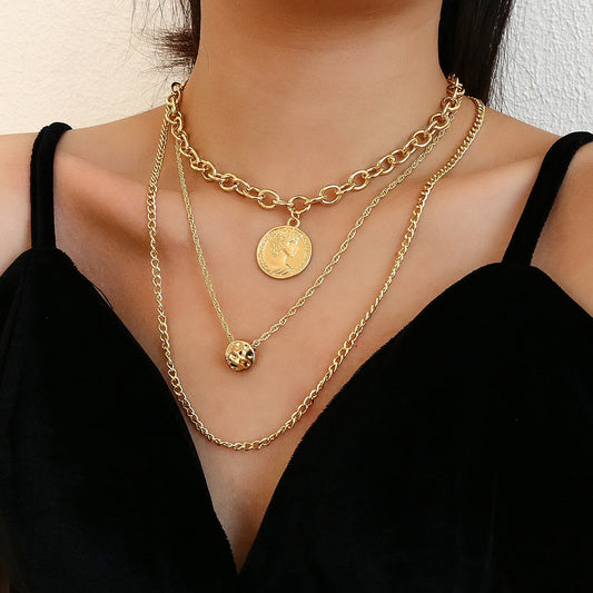 sengpan Vintage Boho Gold Color Carved Coin Pendants Layered Chain Necklace for Women Mutil-Layer Punk Metal Choker Necklaces