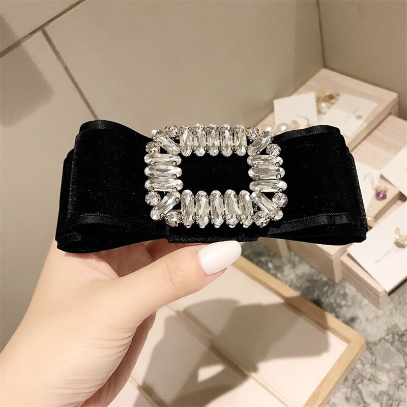 sengpan Black Velvet Barrette for Women Girl Big Rhinestone Hair Clip Hairpin Bow Knot Head Accessories Wholesale