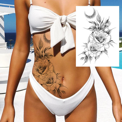 sengpan Sexy Flower Temporary Tattoos For Women Body Art Painting Arm Legs Tattoos Sticker Realistic Fake Black Rose Waterproof Tattoos