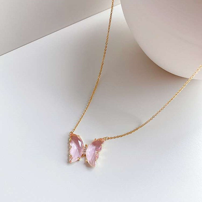 sengpan western jewelry for women Halloween gift  Fashion New Gold Plated Crystal Butterfly Necklaces Charm Jewelry Pink Purple Butterfly Pendant Necklace For Women Gift