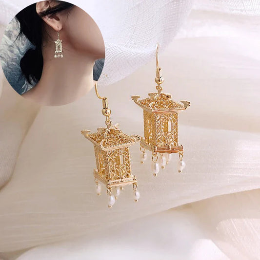 sengpan Chinese Style Pavilion Pearl Drop Earrings Fashion Vintage Dangle Bohemian Earrings for Women Ethnic Party Earrings Jewelry