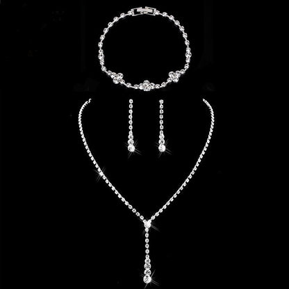 sengpan Silver Color Simple Crystal Bridal Jewelry Sets Long Drop Necklace Earrings Bracelet Set for Women Wedding Jewelry Sets