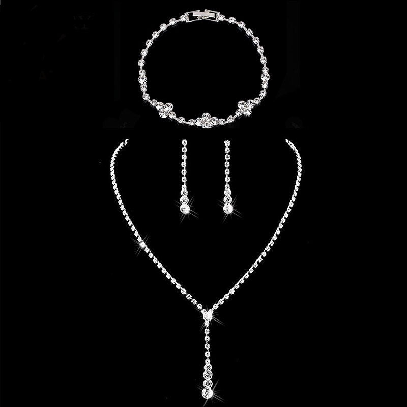 sengpan Silver Color Simple Crystal Bridal Jewelry Sets Long Drop Necklace Earrings Bracelet Set for Women Wedding Jewelry Sets