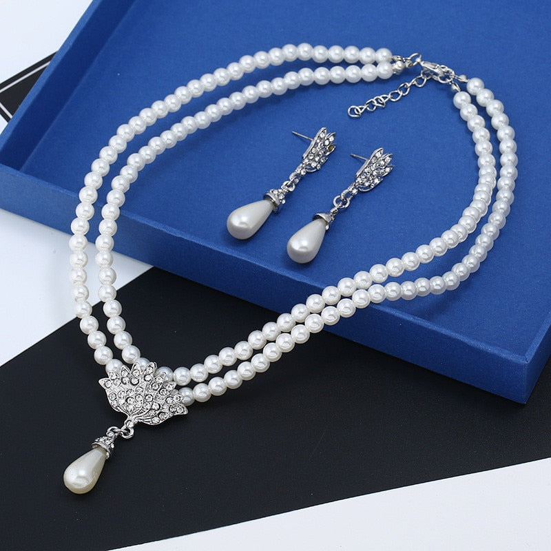 sengpan  gifts for her Trendy Fashion Pearl Jewelry Sets For Women Crystal Flower Jewelry Set Wedding Bridal Dubai Necklace Drop Earring Jewelery New