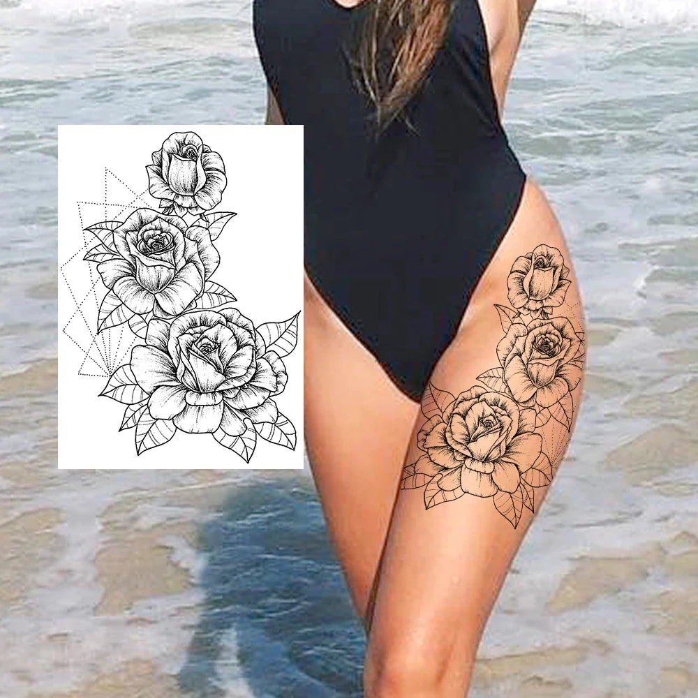 sengpan Sexy Flower Temporary Tattoos For Women Body Art Painting Arm Legs Tattoos Sticker Realistic Fake Black Rose Waterproof Tattoos