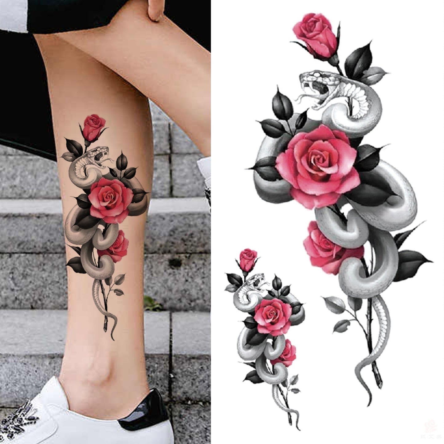 sengpan Lotus Flower Temporary Tattoo For Women Girls Snake Peony Lily Rose Chains Tattoos Sticker Black Blossom Fake Transferable Tatoo