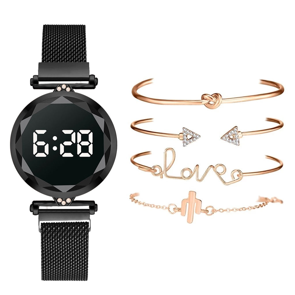 sengpan Christmas wishlist 5pcs Set Bracelet Watch Women Luxury Digital Magnet Rose Gold Stainless Steel Led Quartz Watches Relogio Feminino Dropshipping