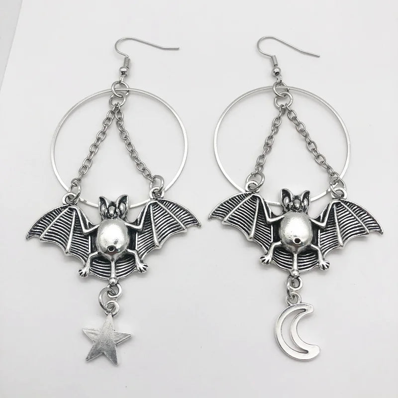 sengpan Halloween Moon , Star and Bat Dangle , Star and Bat Earring , Hoops Earrings