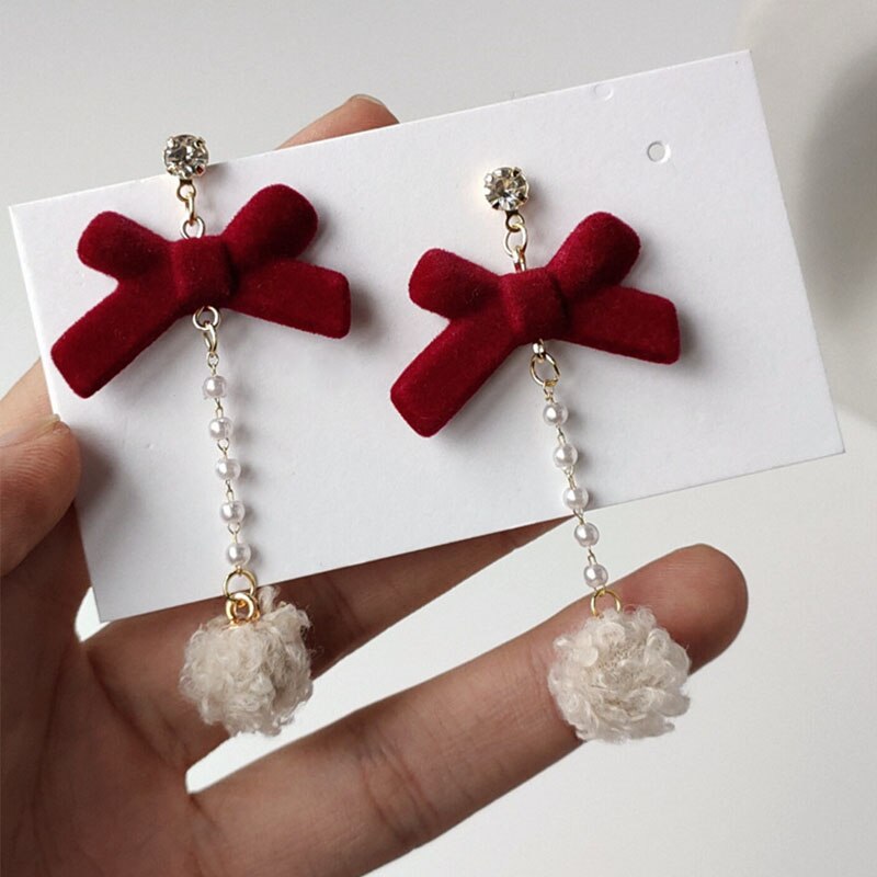 sengpan Christmas gifts ideas Red Style Charm Circle Pearl Drop Earrings Love Heart Bow Earrings For Women Girls Party Gift Korean Fashion Wedding Jewelry