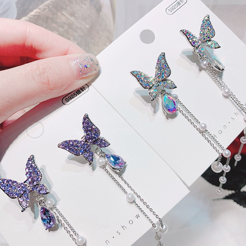 sengpan Christmas wishlist Korean New Trendy Long Tassel Drop Earrings Pearl Crystal Butterfly Hanging Women Earrings Summer Jewelry Wedding Party Gift