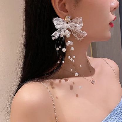 sengpan Trend Exaggerated Trendy Pearl Crystal Lace Bowknot Long Earrings Female Wedding Korean Jewelry