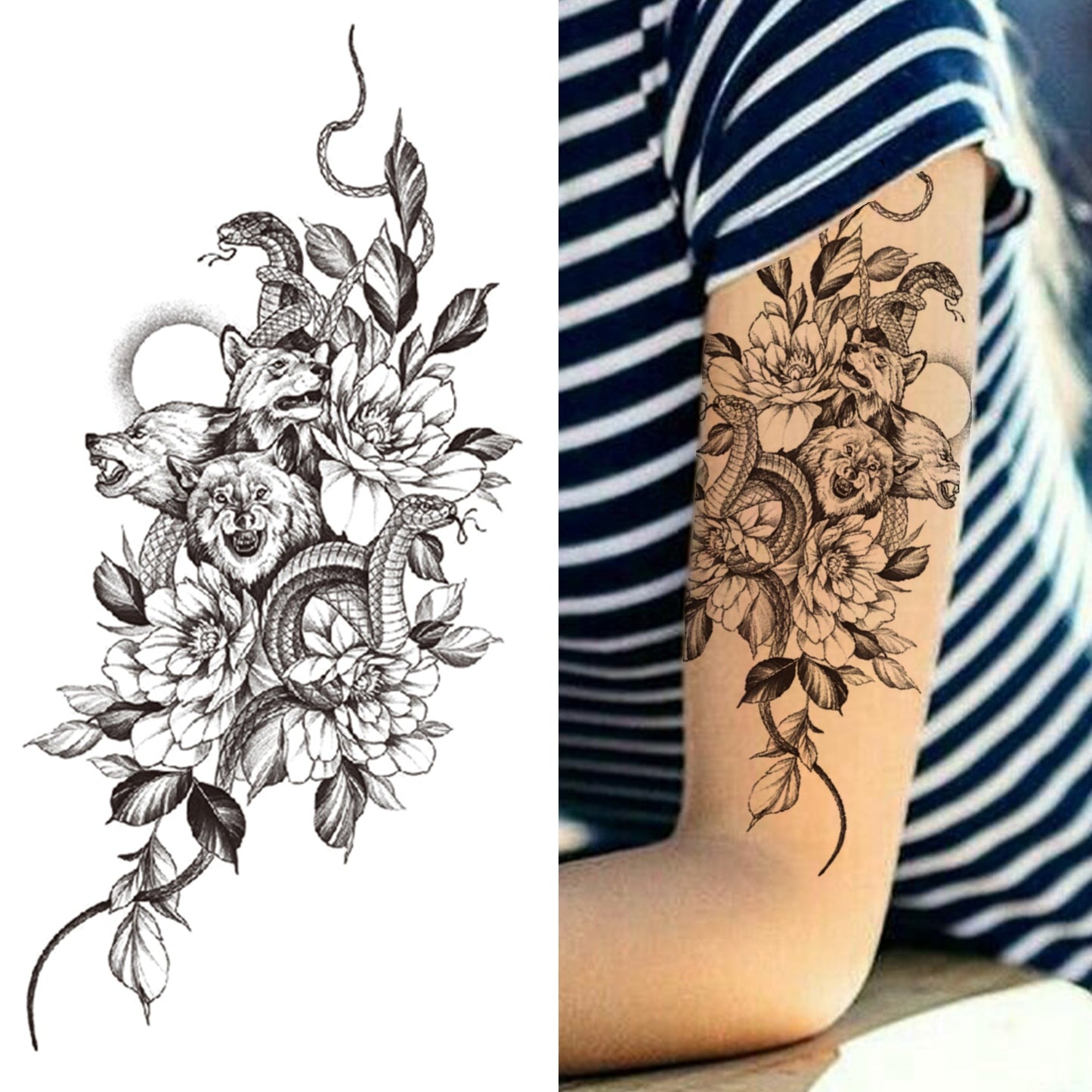 sengpan Black 3D Rose Temporary Tattoo For Women Girls Adult Peony Dahlia Flower Tattoos Sticker Black Flora Glory Geometric Arm Tatoos