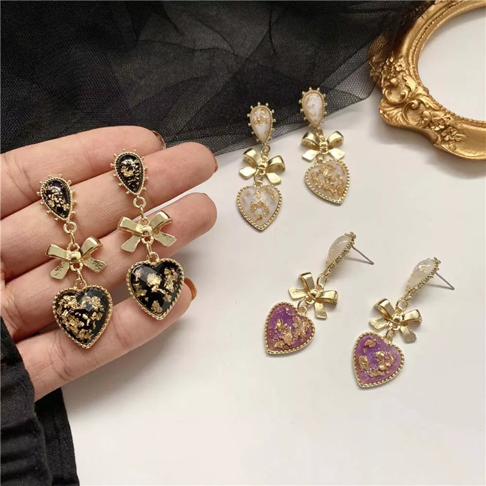 sengpan Bowknot Heart Resin Earrings Korean Classic Style Golden Peach Heart Stud Earrings For Woman Jewelry Valentine's Day present