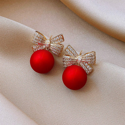 sengpan Christmas gifts ideas Fashion Christmas Stud Earrings for Women Girl Red Pearl Crystal Bowknot Earrings Jewelry Drop Shipping Gift