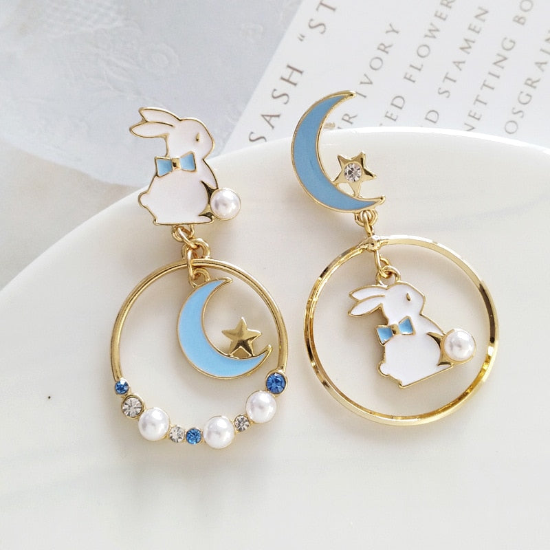 sengpan CHEISTMAS gifts for her New Fashion Moon Stars Rabbit Dangle Earrings For Women Flower Kitten Fishbone Crystal Pearl Asymmetrical Earring Party Jewelry