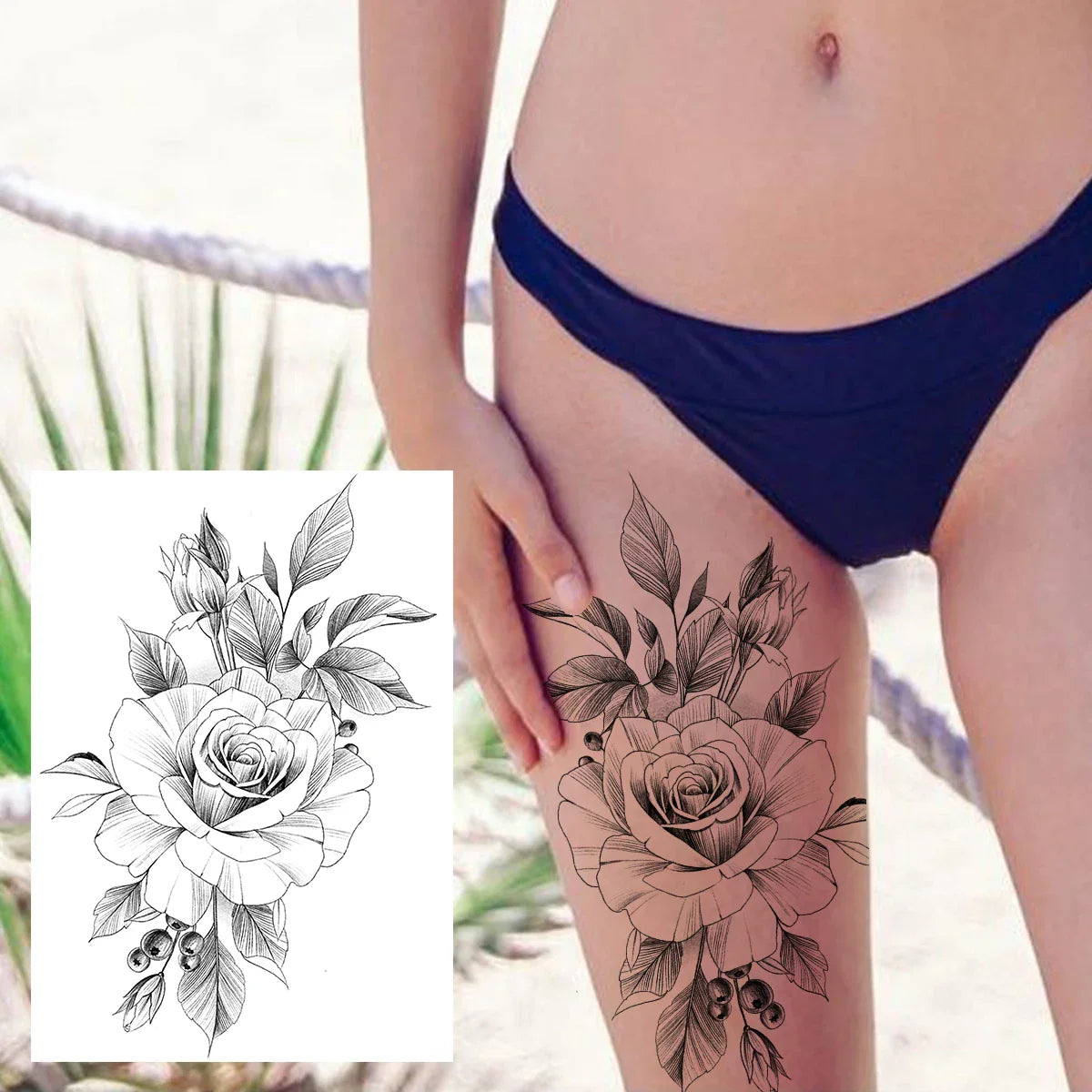 sengpan Sexy Flower Temporary Tattoos For Women Body Art Painting Arm Legs Tattoos Sticker Realistic Fake Black Rose Waterproof Tattoos